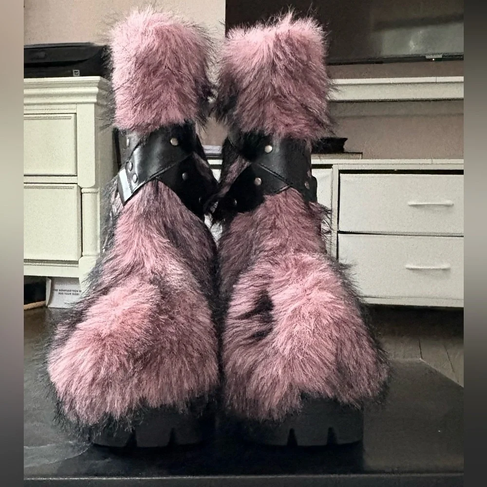 Dolls Kill Pink Faux Fur Platform Boots with Black Strap Details